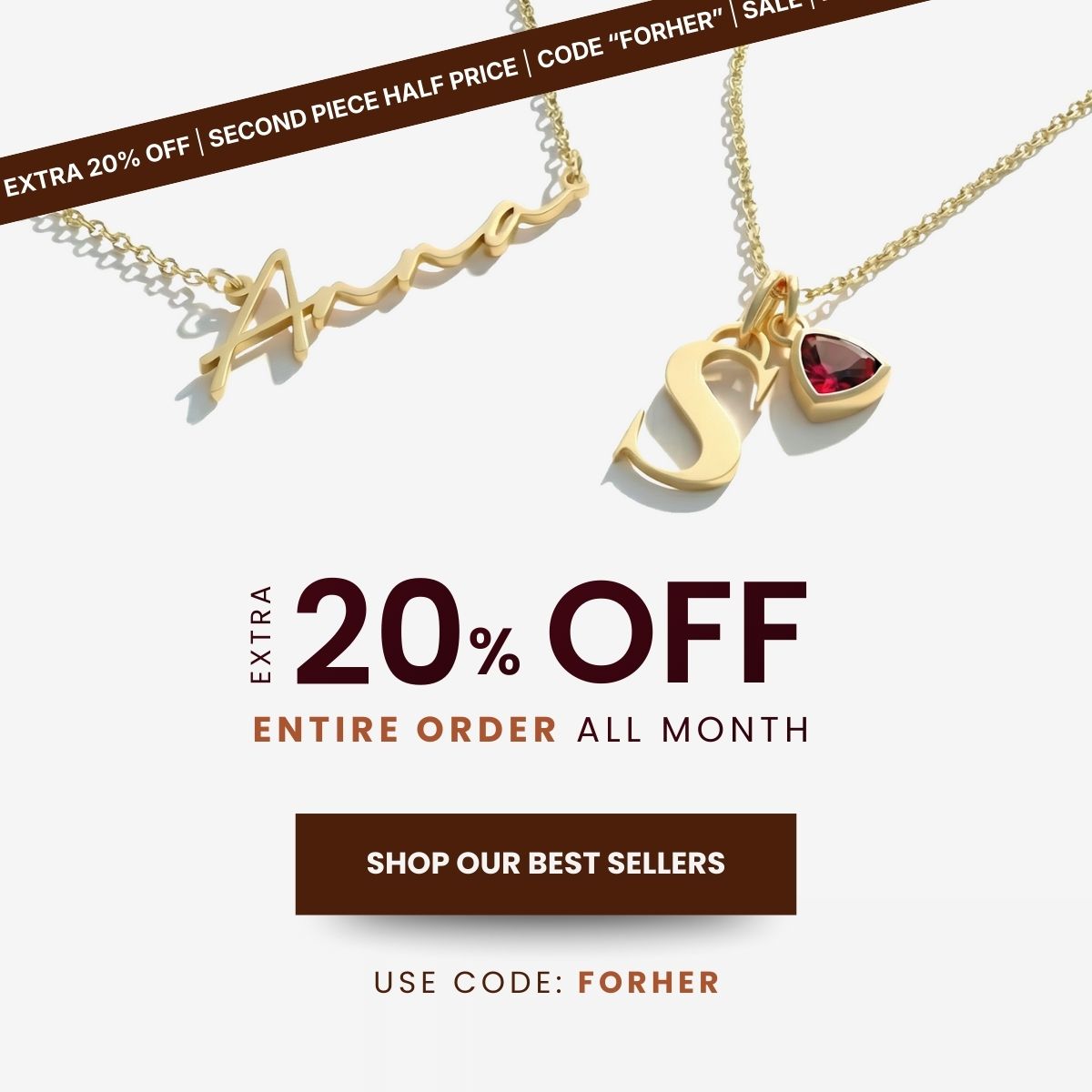 Two gold necklaces with a discount banner on a white background