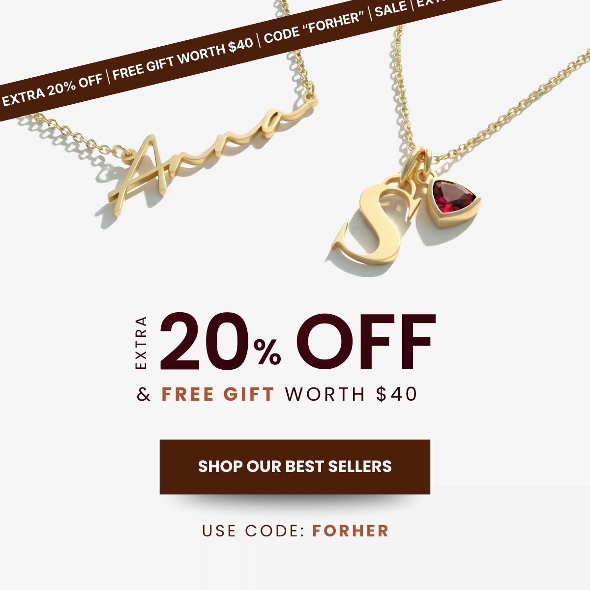 Two gold necklaces with heart pendants on a white background, promotional text overlay.