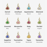 Jewelry pendants with gemstones corresponding to each month, on a white background.