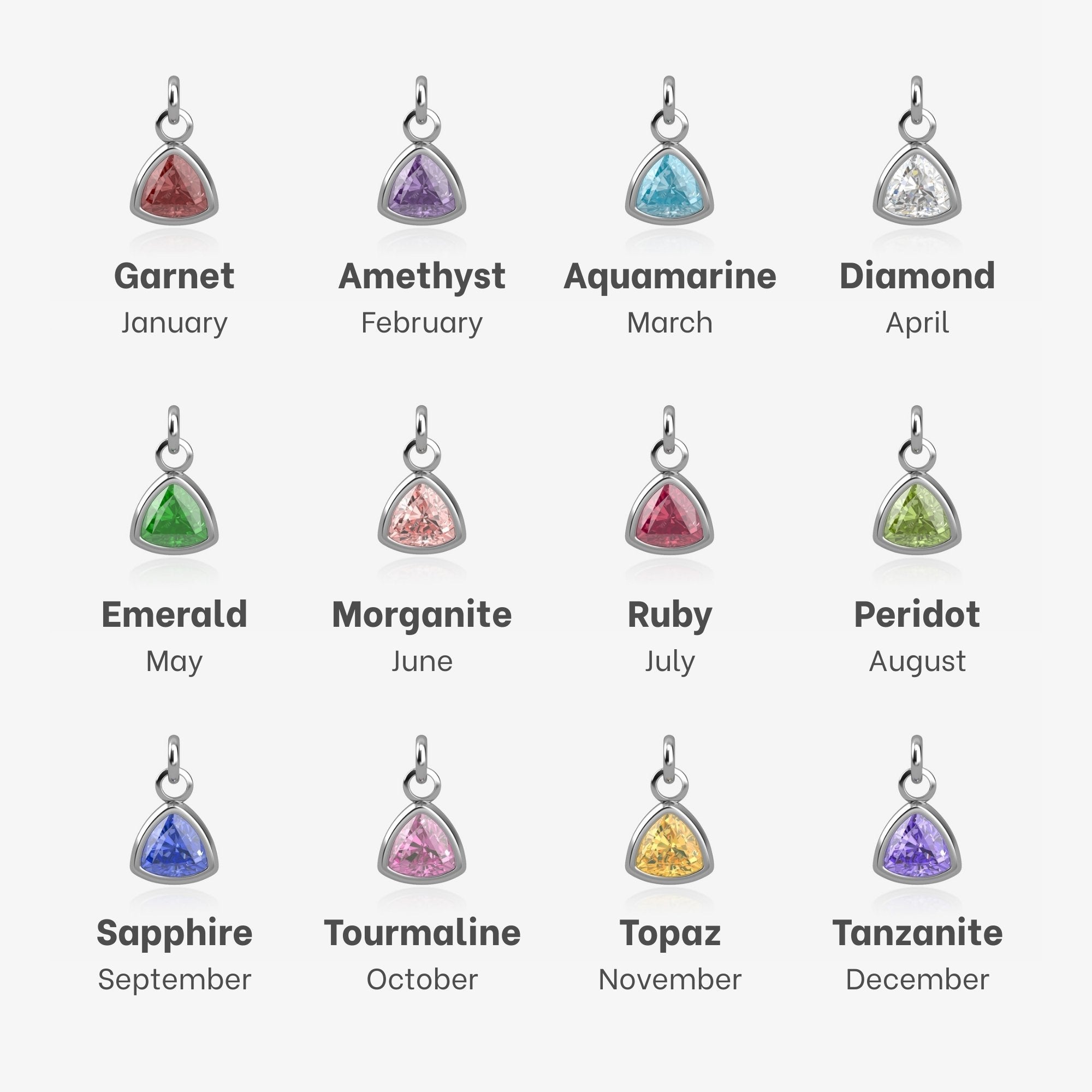 Jewelry pendants with gemstones corresponding to each month, on a white background.
