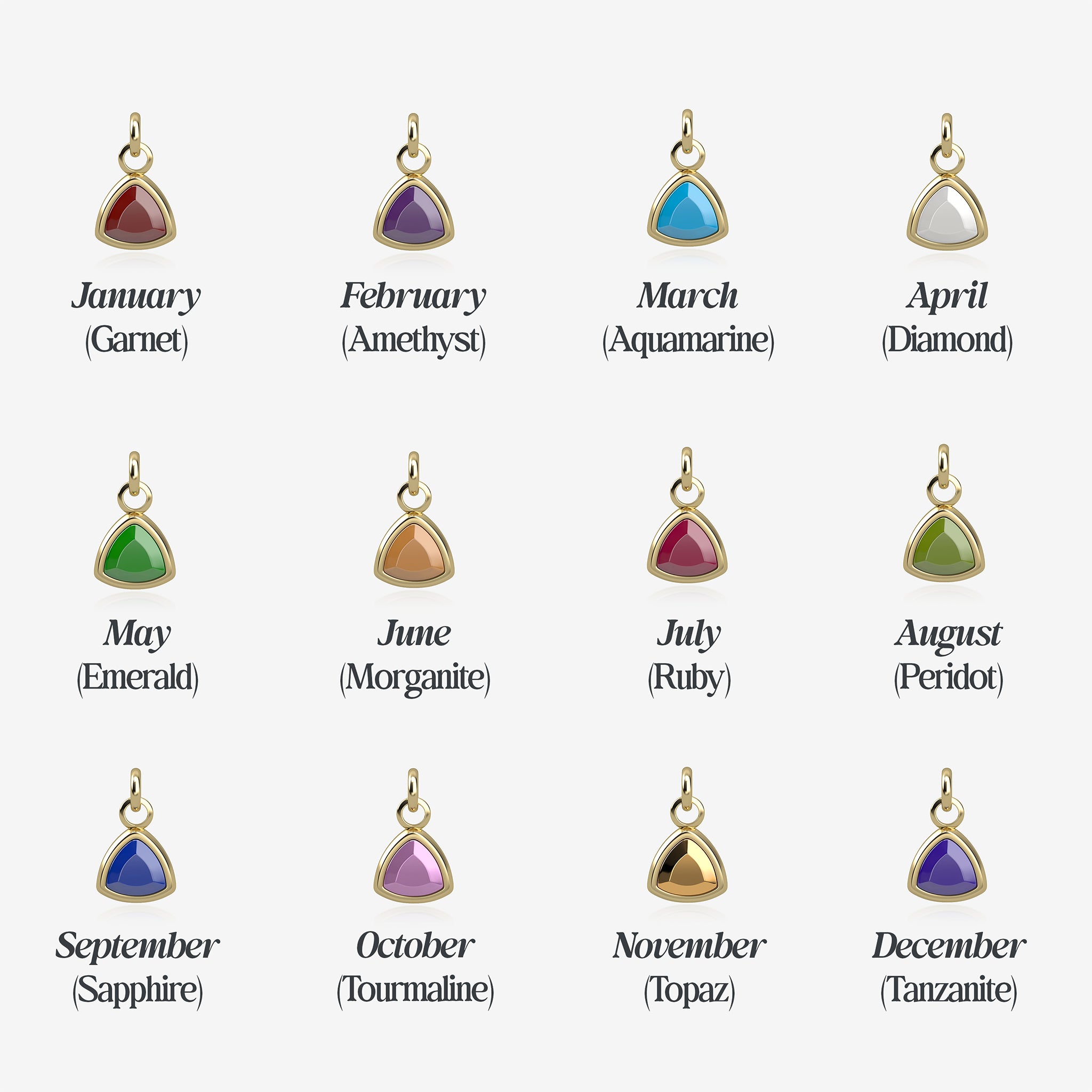 Jewelry pendants with gemstones corresponding to each month, on a white background.