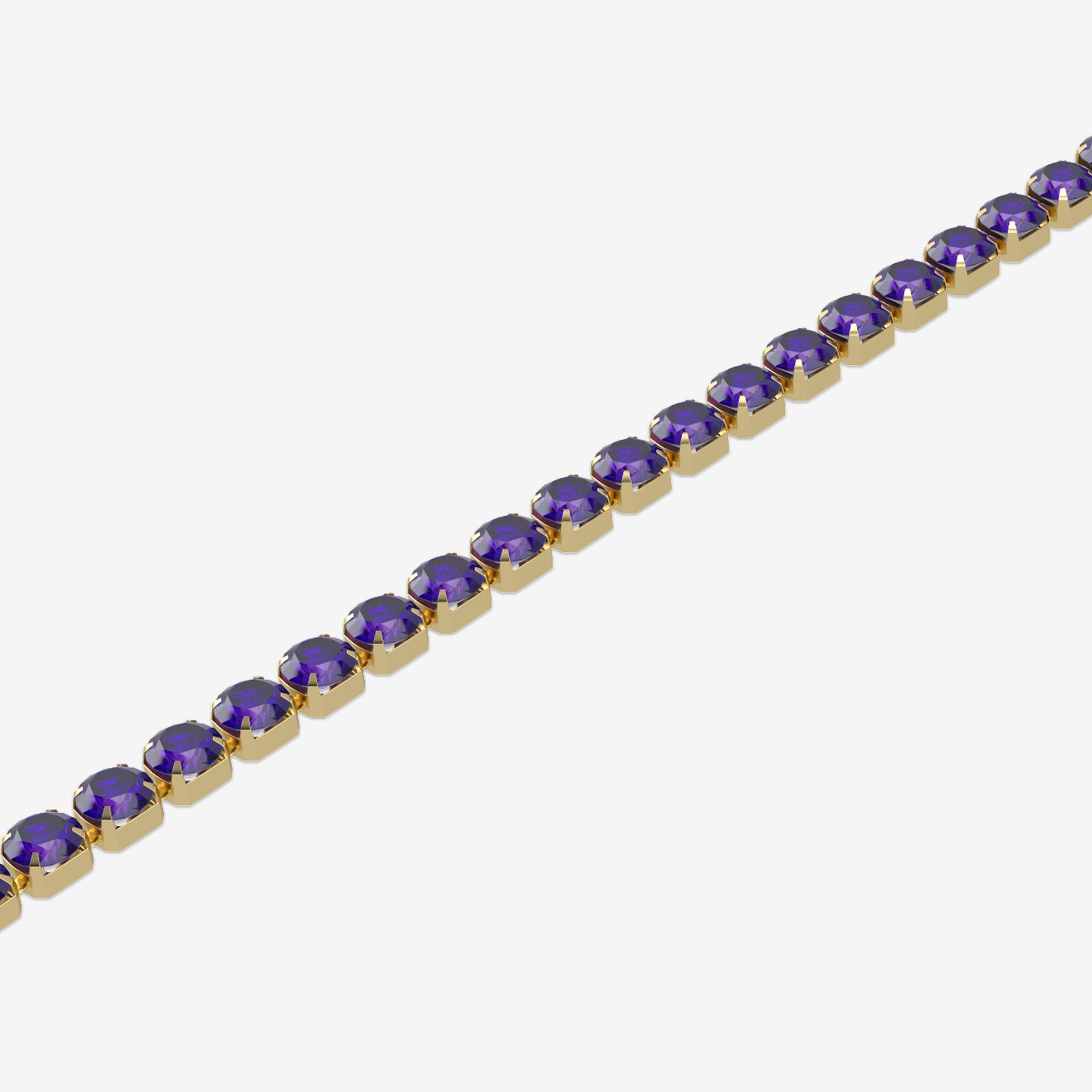 Gold bracelet with purple gemstones on a white background