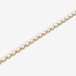 Gold bracelet with clear gemstones on a white background
