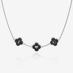 Silver Necklace with black clover-shaped pendants with initials on a white background