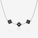 Silver Necklace with black clover-shaped pendants with initials on a white background