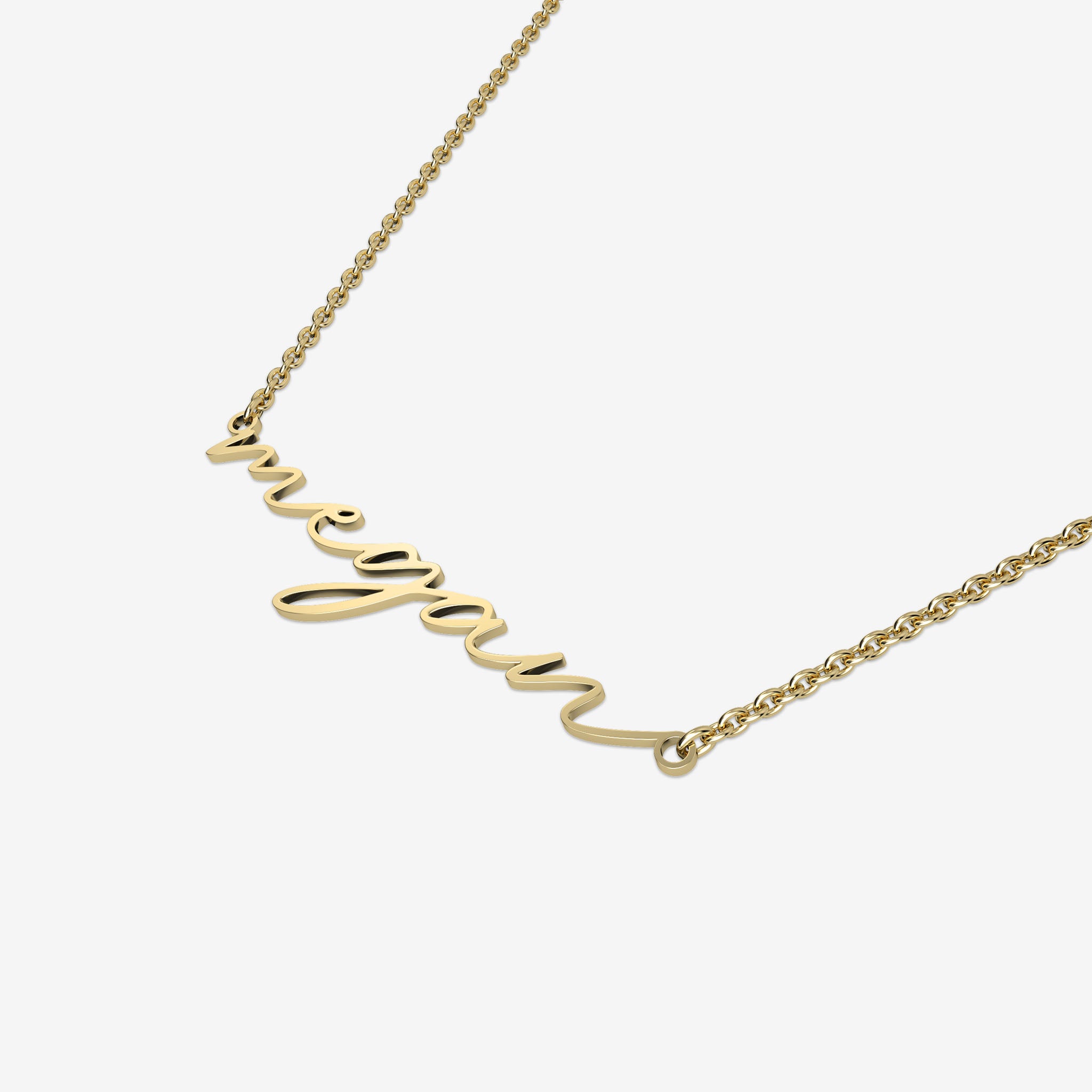 Gold name necklace with 'Megan' pendant on a white background