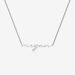 Silver necklace with 'megan' pendant on a white background