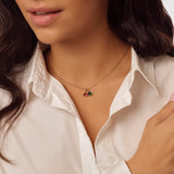 Close-up of a person wearing a delicate necklace with small birthstone pendants against a neutral background
