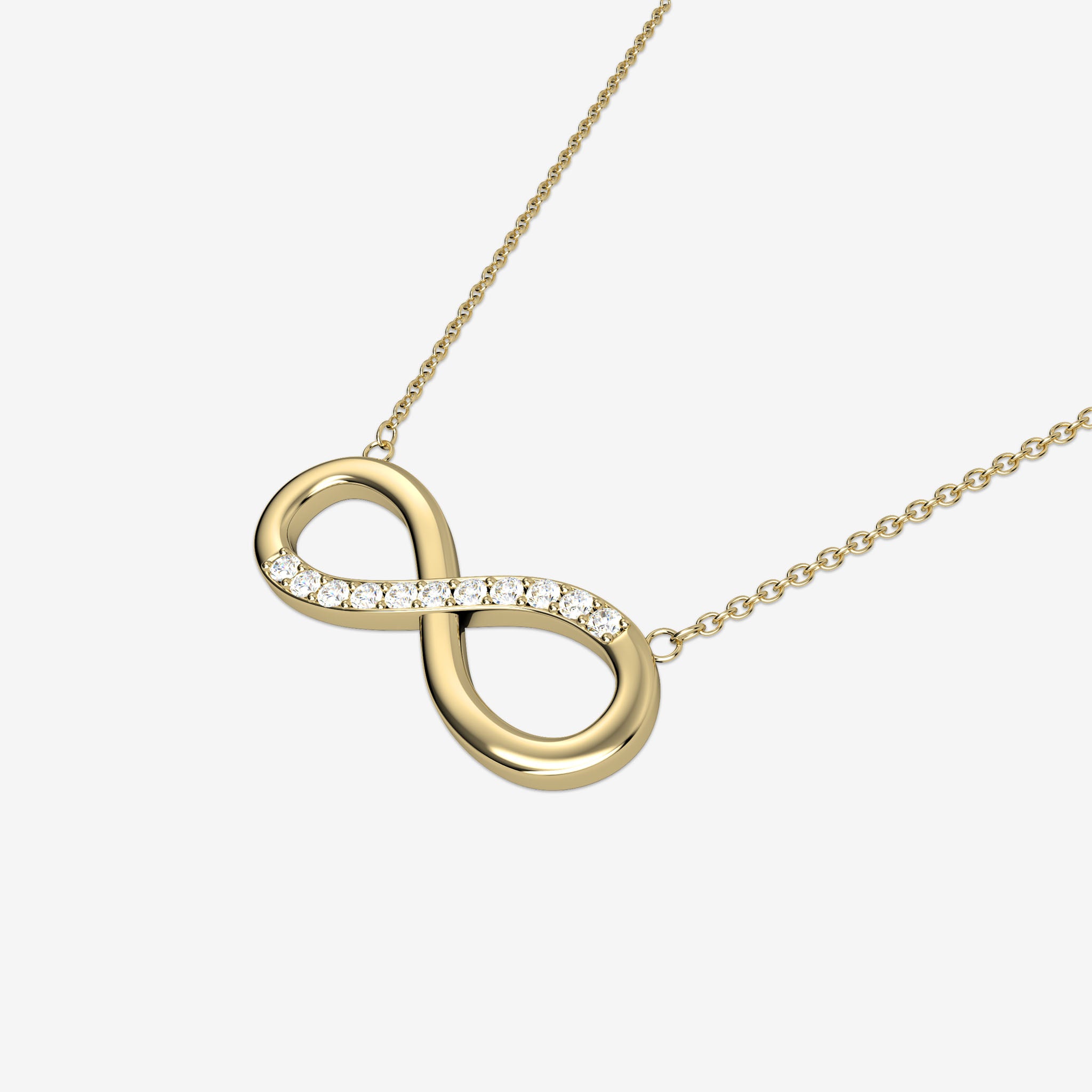 Gold infinity necklace with diamonds on a white background