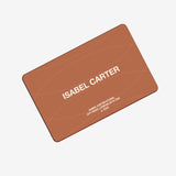 Brown Gift card with 'ISABEL CARTER' printed on a white background