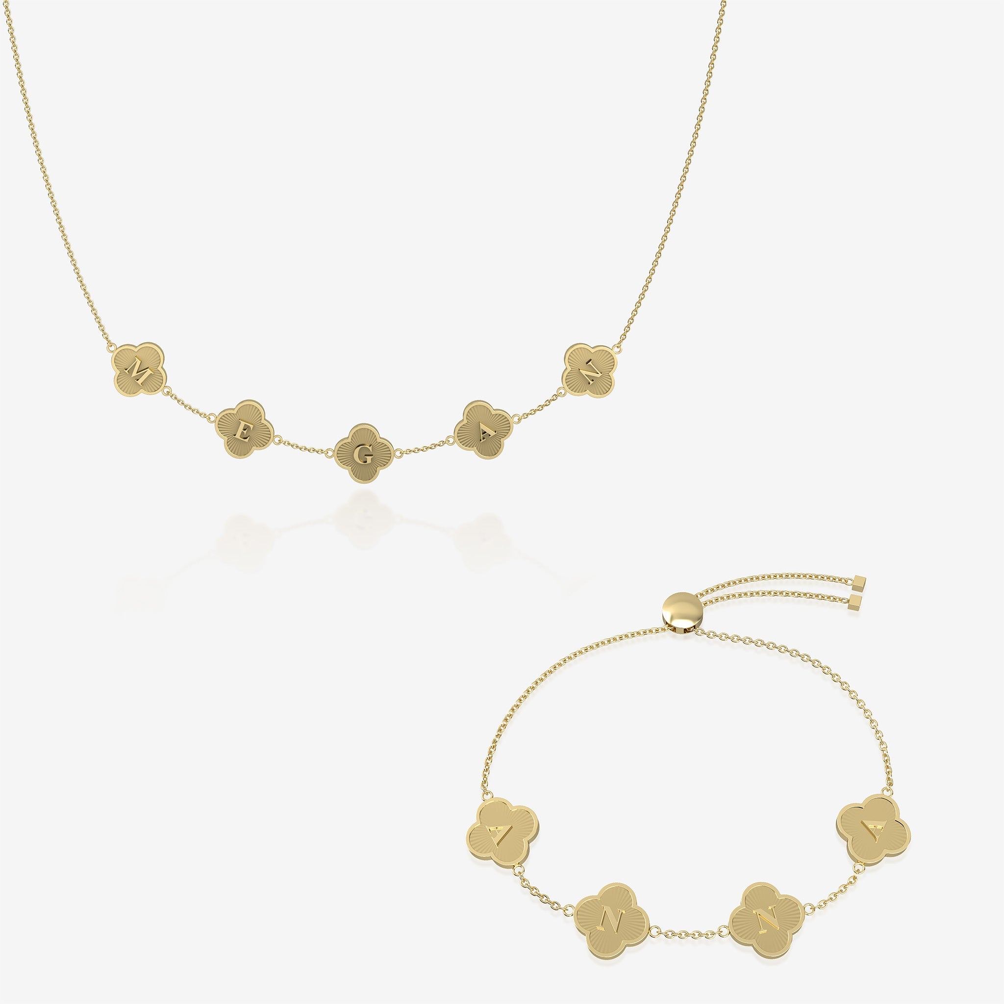 Gold clover name necklace and bracelet set on white background