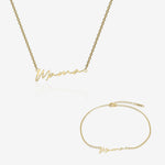 Gold mama name necklace and bracelet set on white background