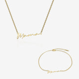 Gold mama name necklace and bracelet set on white background