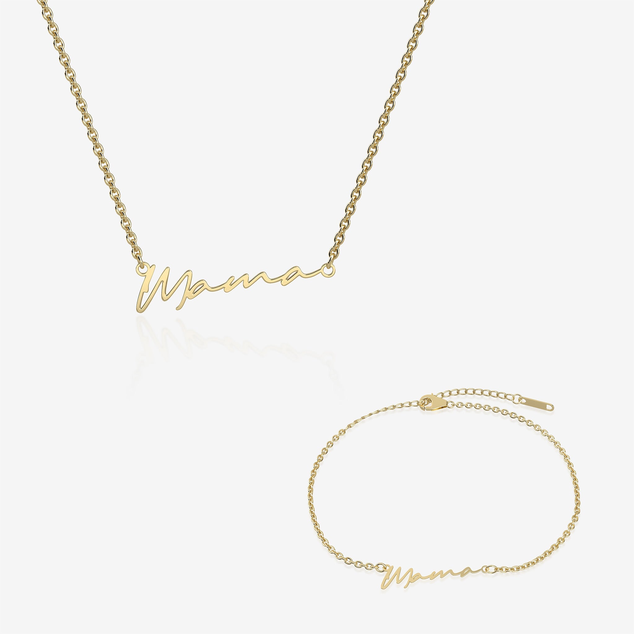 Gold mama name necklace and bracelet set on white background