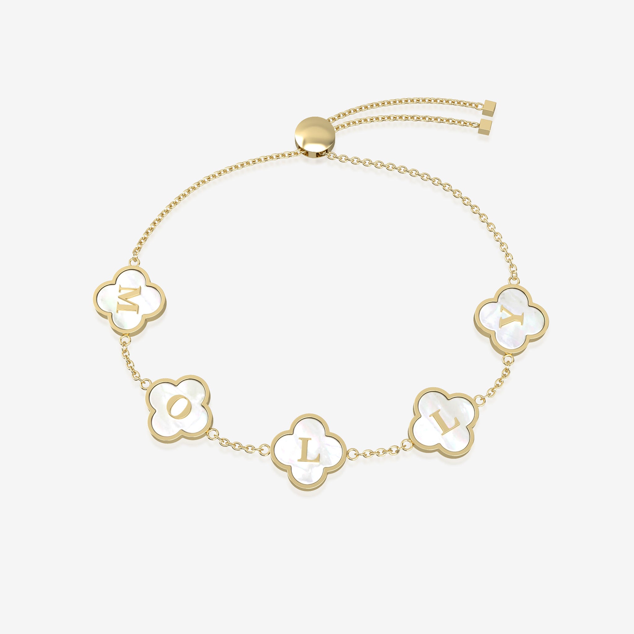 Gold bracelet with clover-shaped charms displays initials on a white background