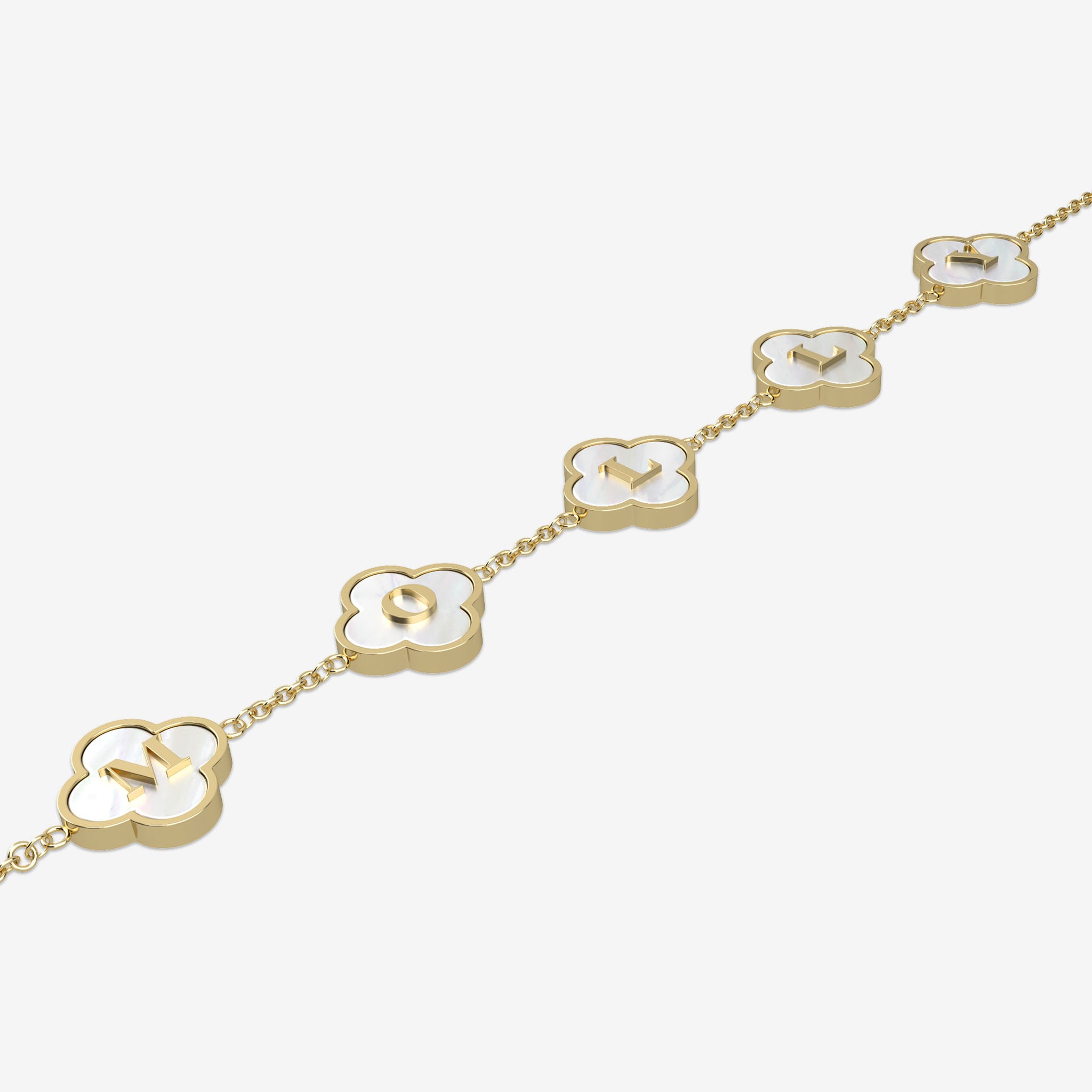 Gold bracelet with clover-shaped links on a white background