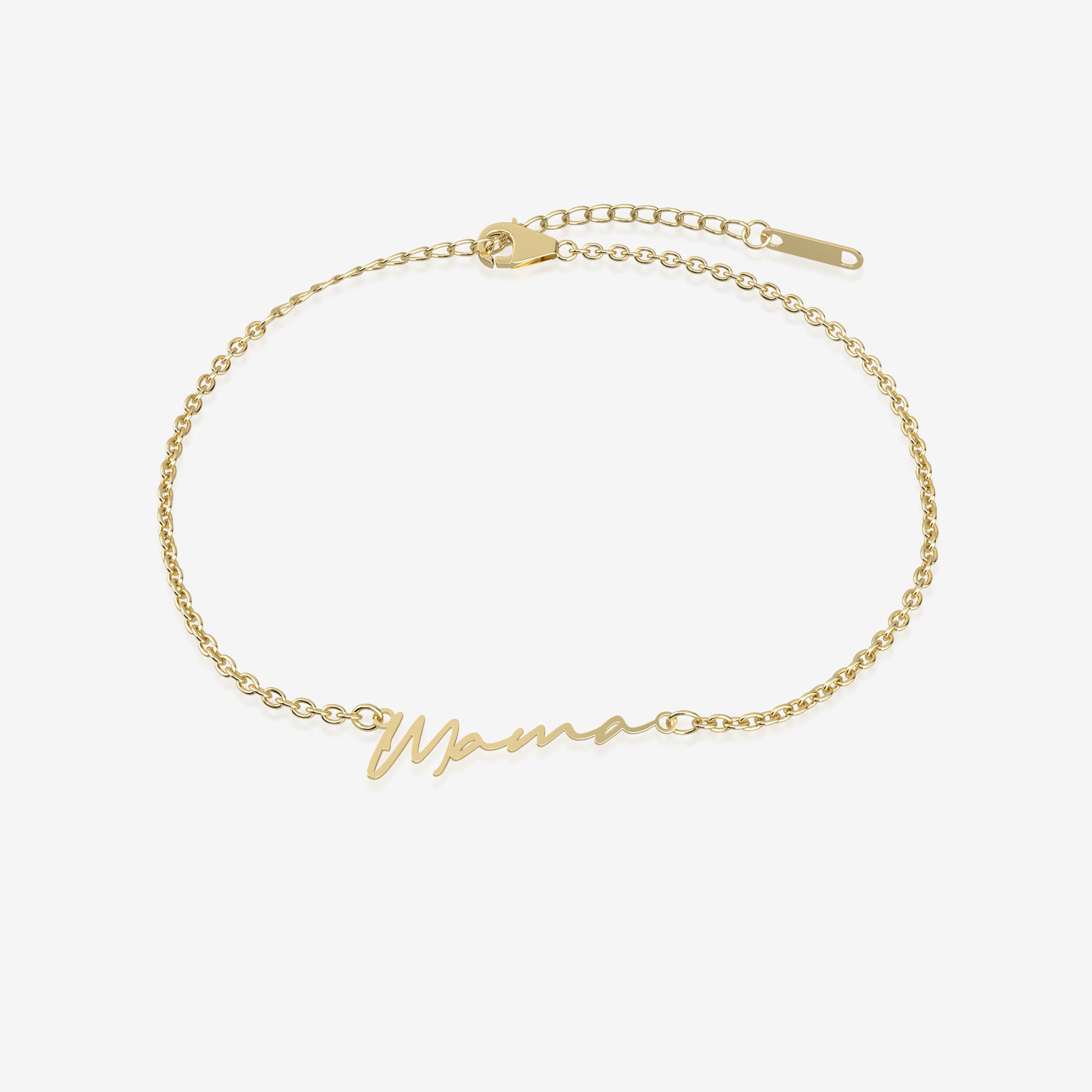 Gold bracelet with 'Mama' inscription on a white background
