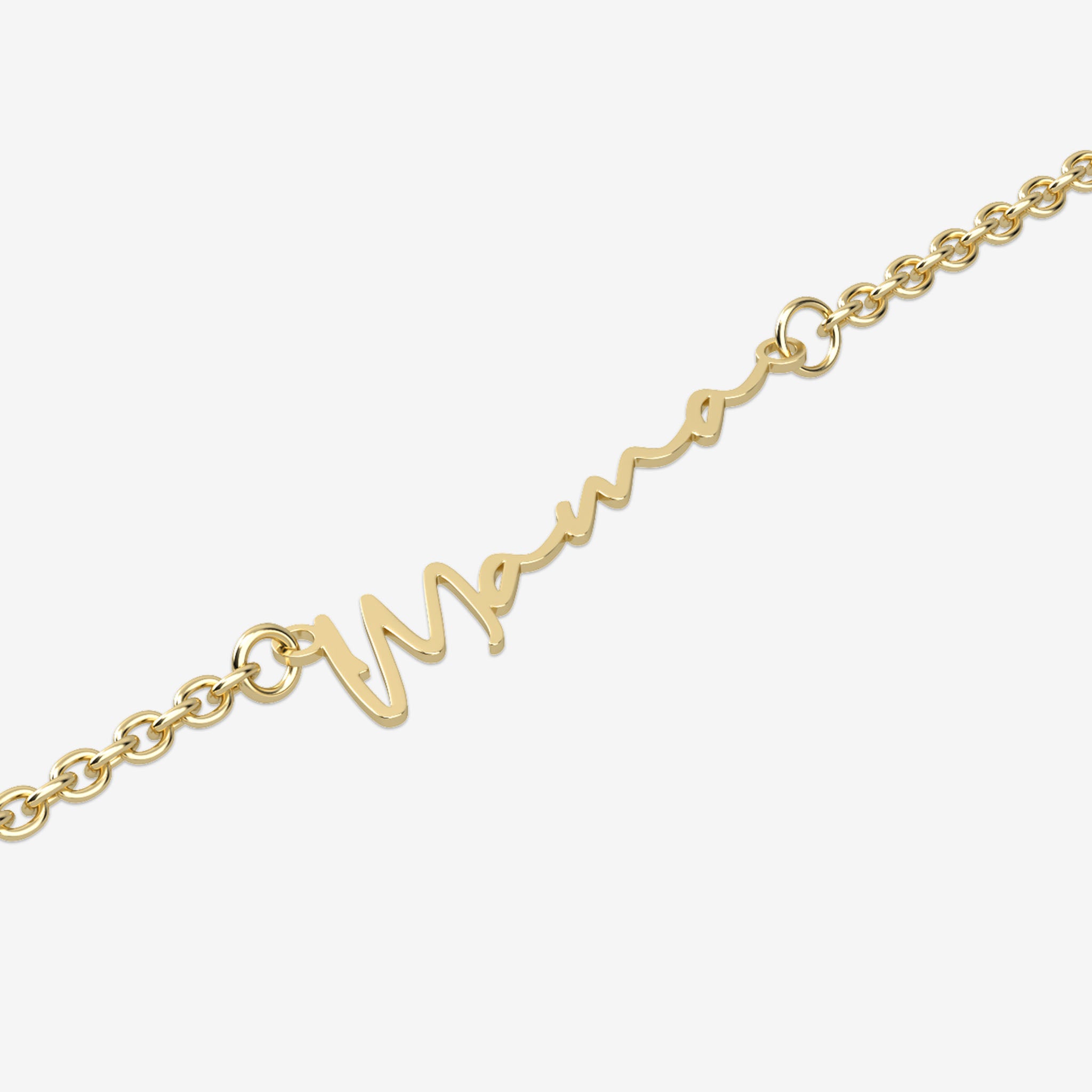Gold bracelet with 'Mama' on a white background
