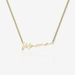 Gold necklace with 'Mama' pendant on a white background