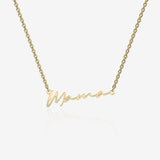 Gold necklace with 'Mama' pendant on a white background