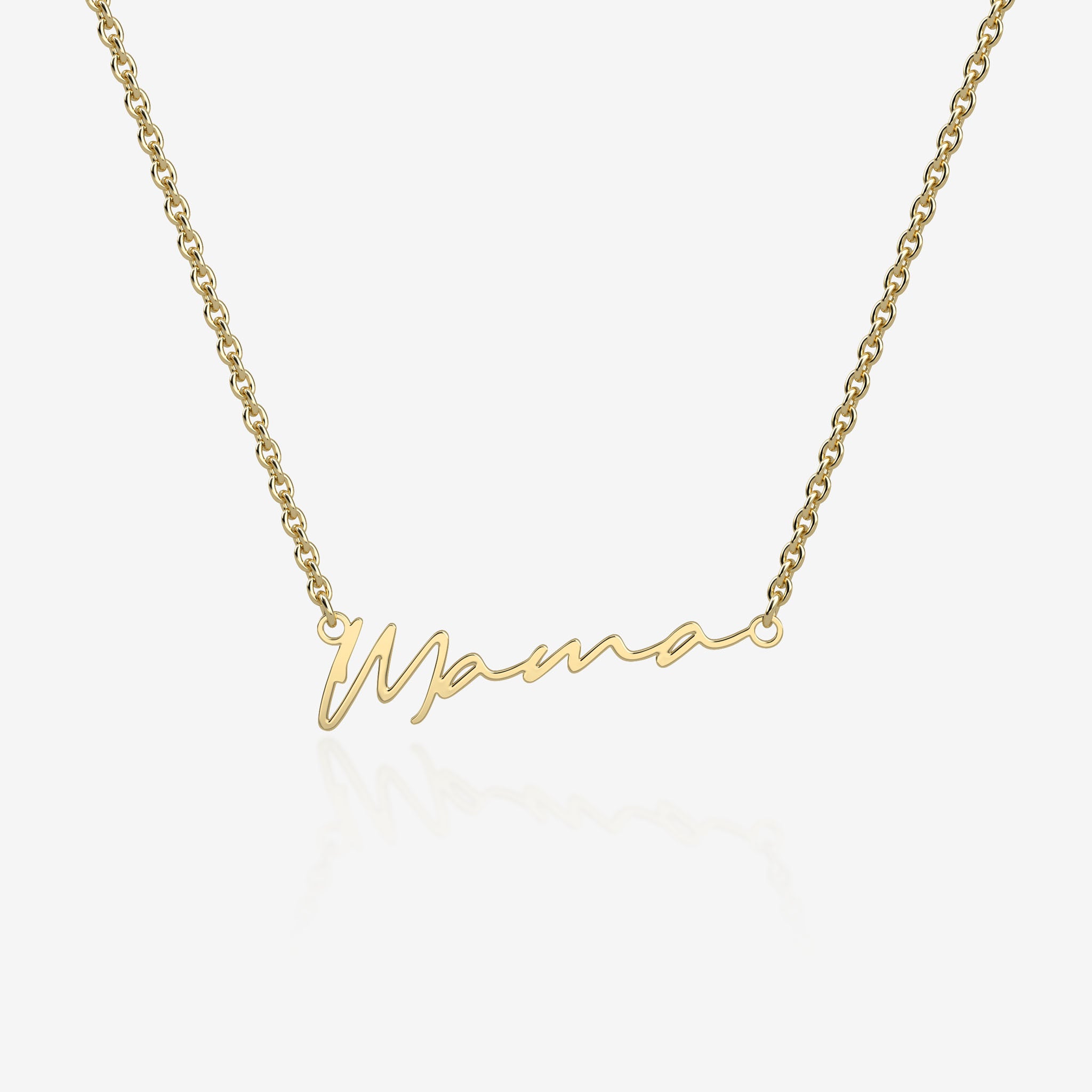 Gold necklace with 'Mama' pendant on a white background