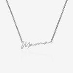 Silver necklace with 'Mama' pendant on a white background