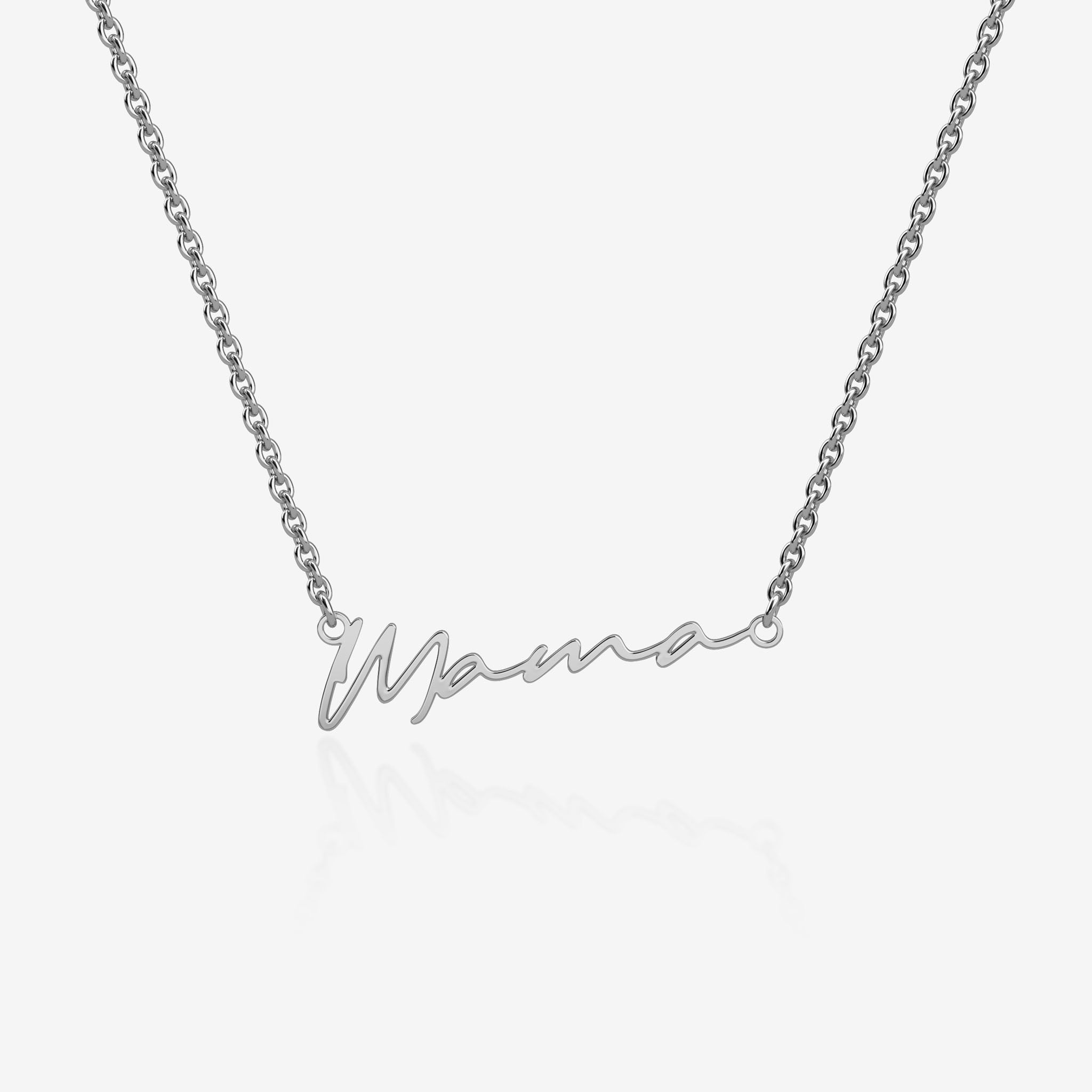 Silver necklace with 'Mama' pendant on a white background