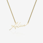 Gold necklace with 'Alice' pendant on a white background