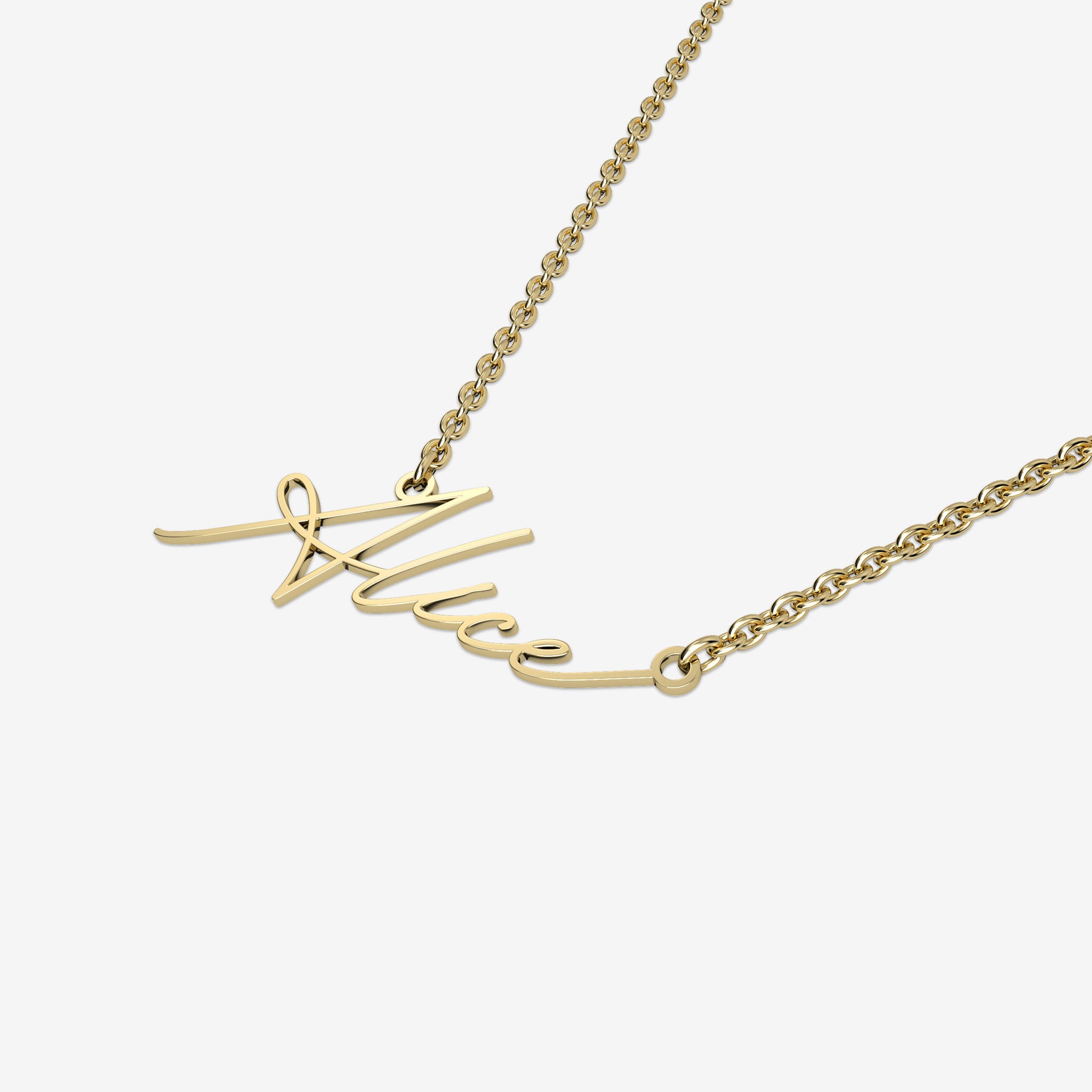 Gold name necklace with 'Alice' inscription on a white background