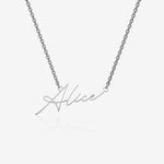 Silver necklace with 'Alice' pendant on a white background