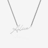 Silver necklace with 'Alice' pendant on a white background