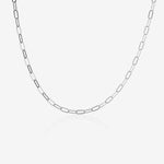 Silver paperclip necklace on a white background