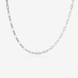 Silver paperclip necklace on a white background