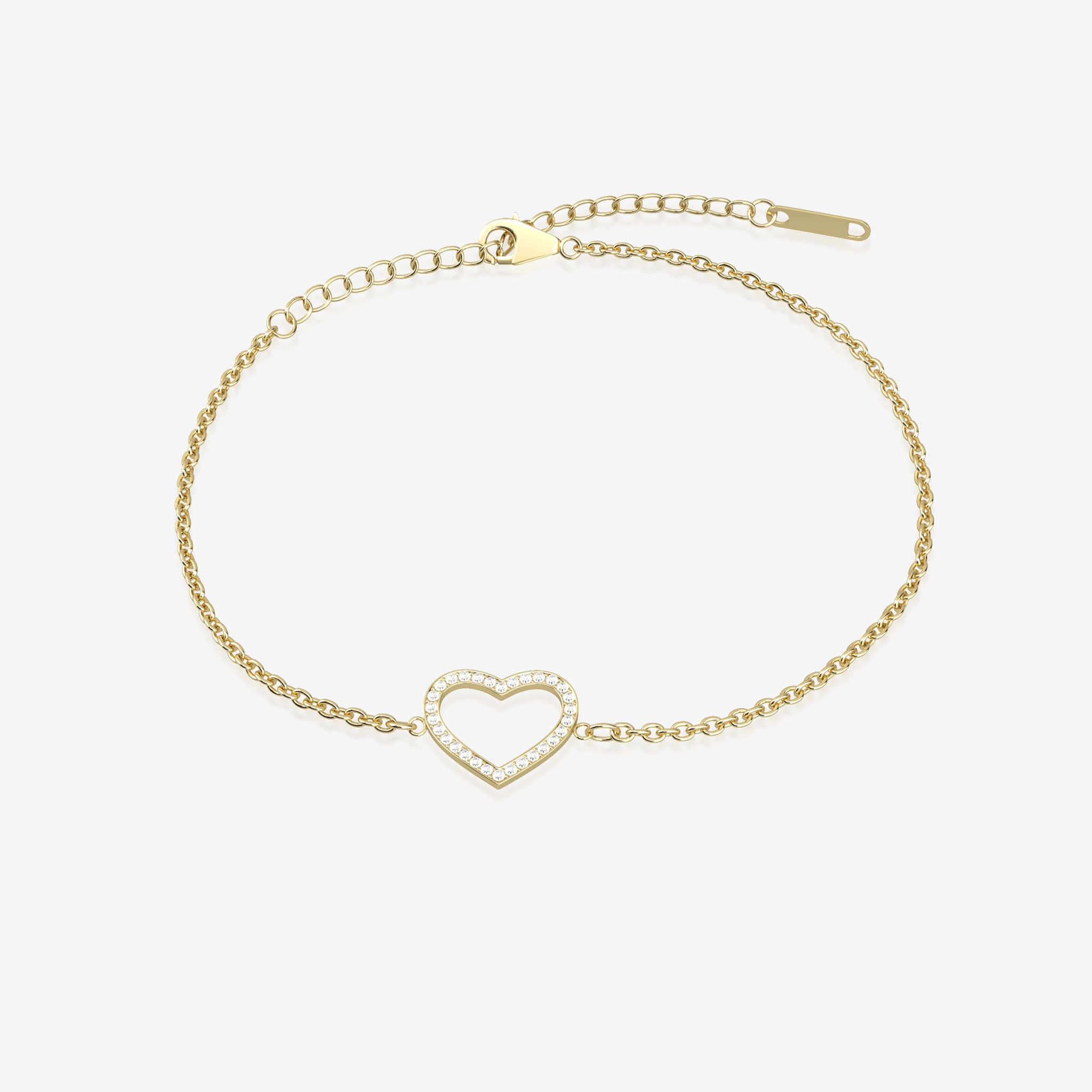 Gold bracelet with a heart-shaped clasp on a white background