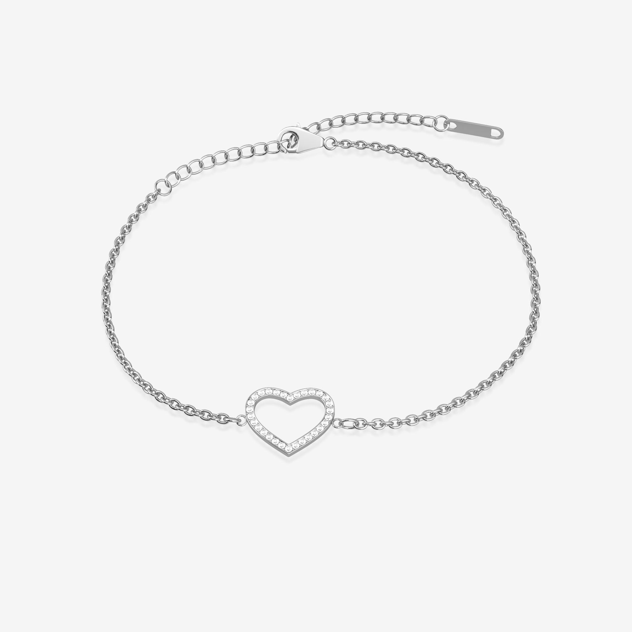 Silver bracelet with a heart-shaped clasp on a light gray background