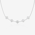 Silver Necklace with pearl clover-shaped pendants with initials on a white background