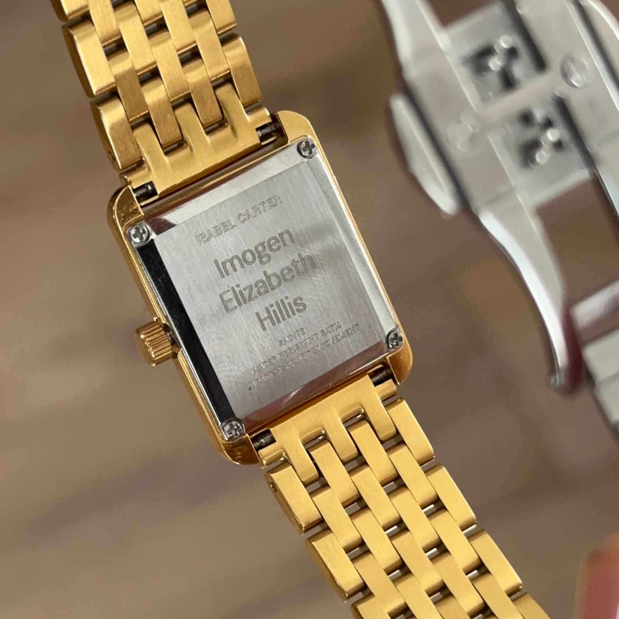 Sainte Gold Steel Tank Watch engraving