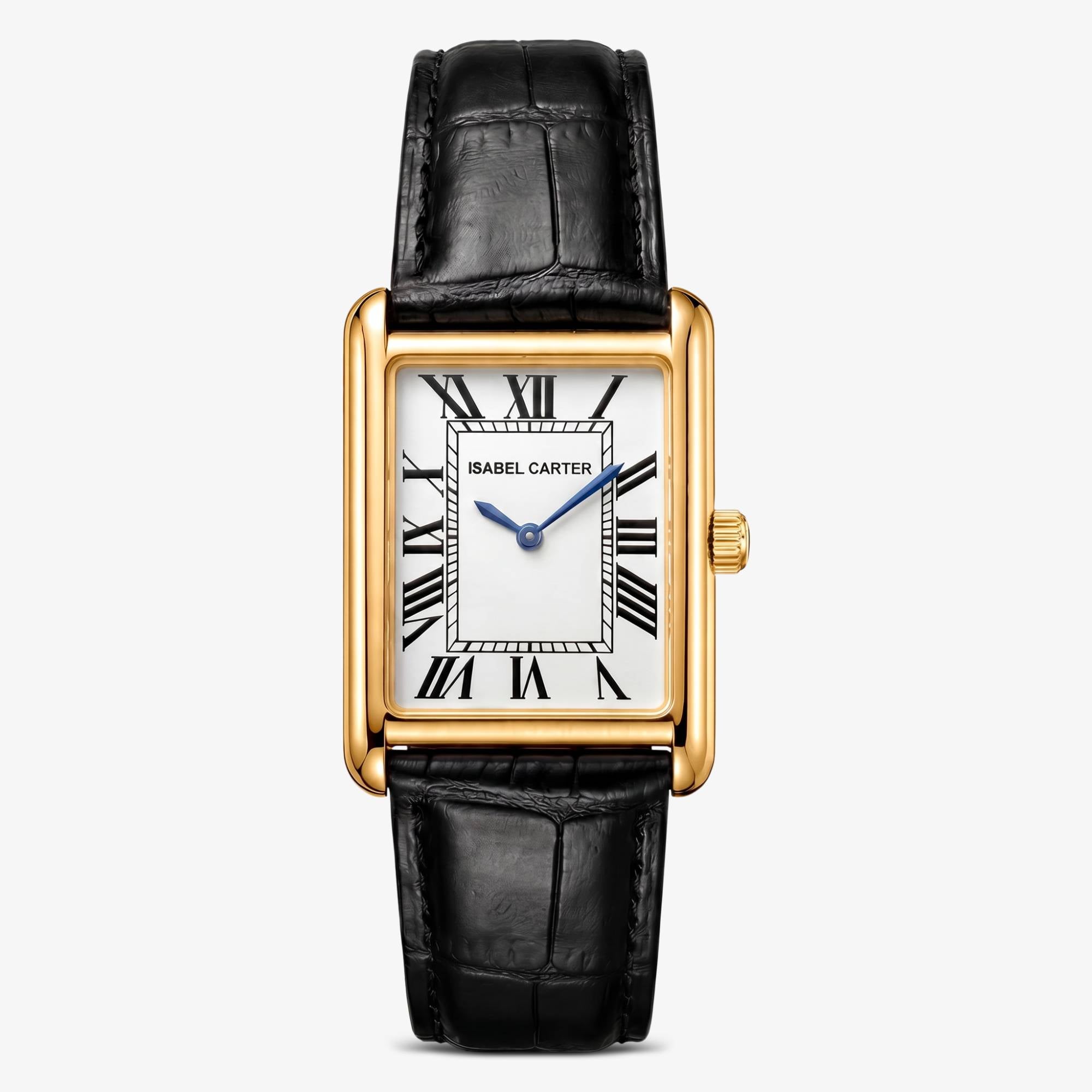 Isabel Carter Recentangle Tank Watch in Metal Gold & Genuine Leather (Sainte Watch)