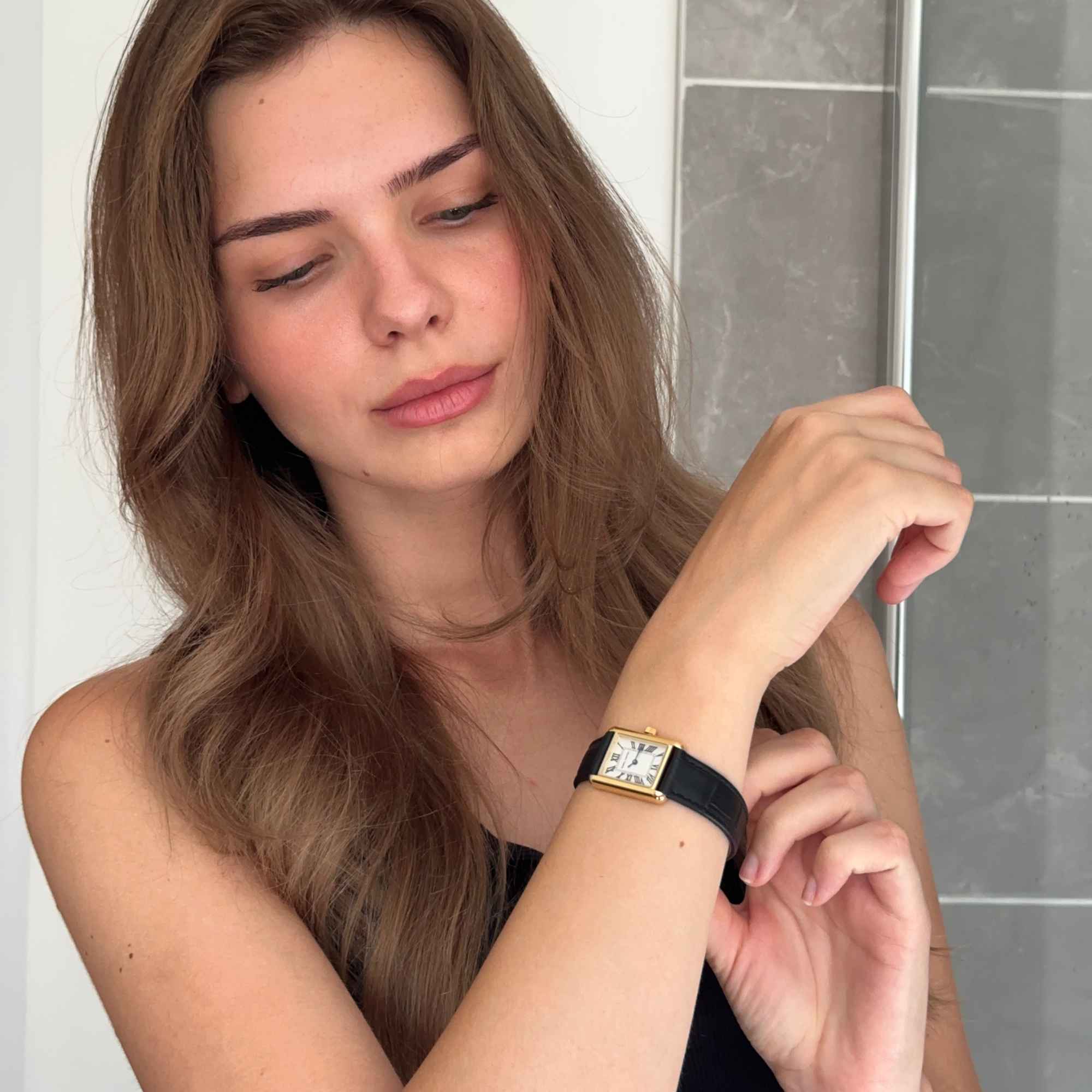 Sainte Gold Leather Tank Watch