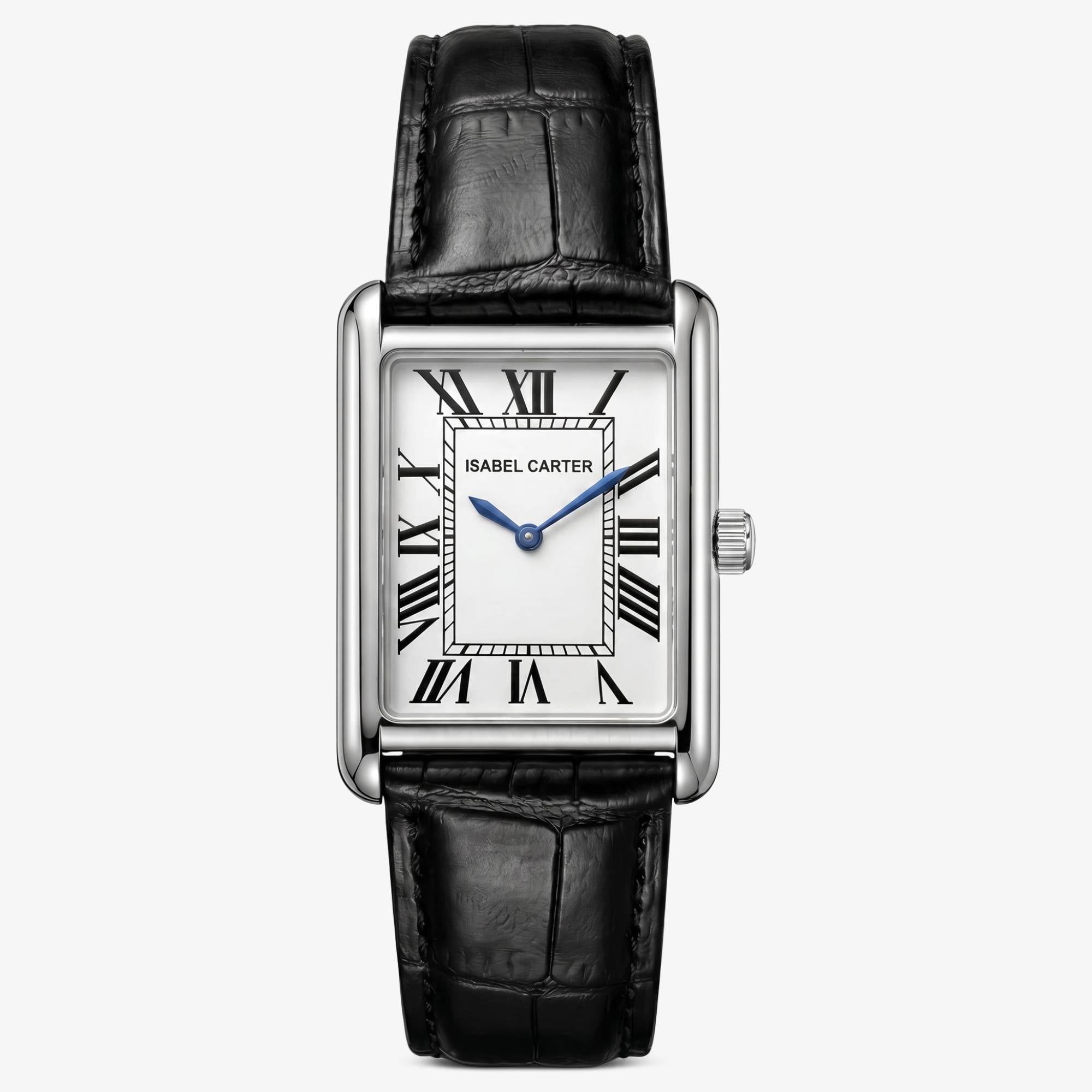 Isabel Carter Recentangle Tank Watch in Metal Silver & Genuine Leather (Sainte Watch)