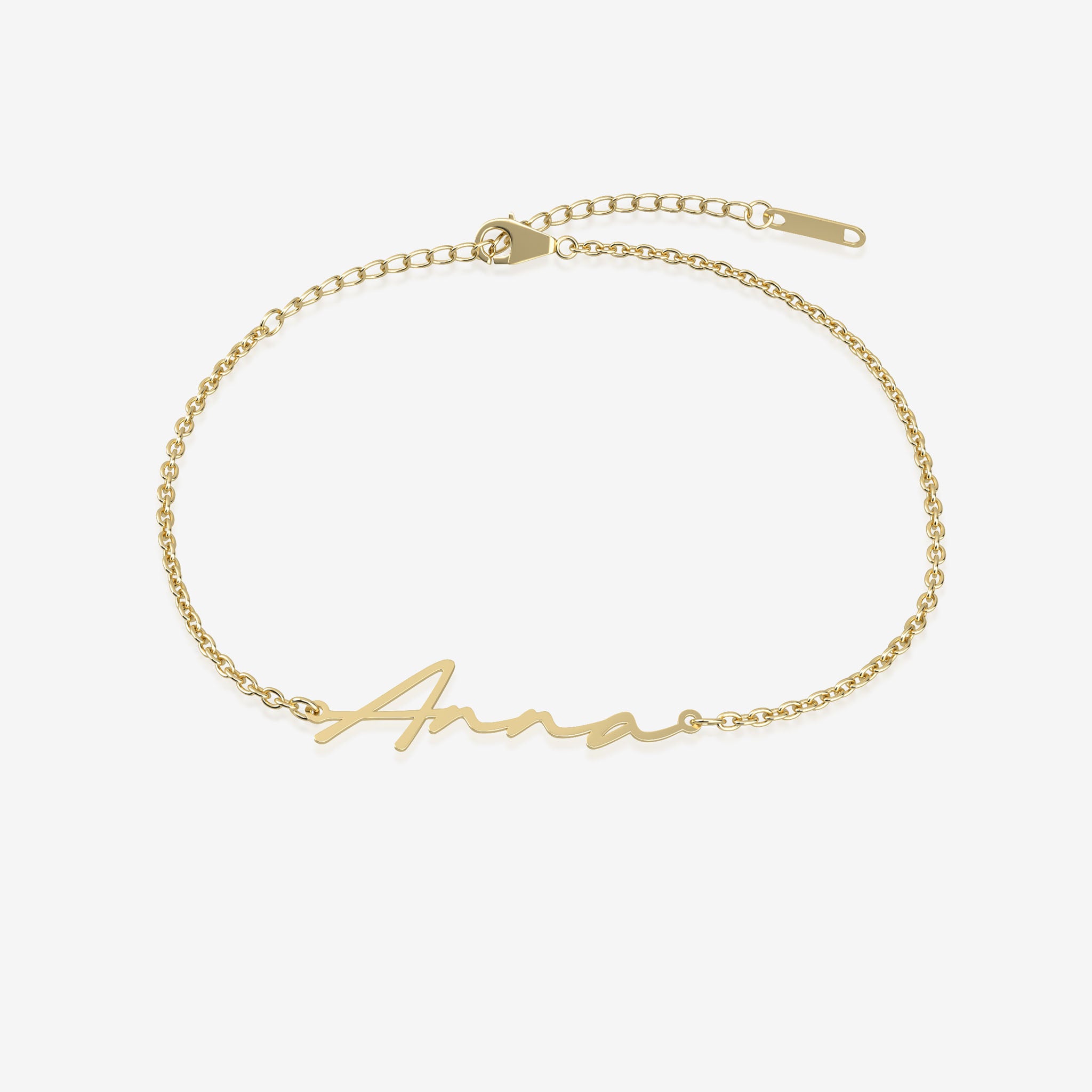 Gold name bracelet with 'Anna' engraving on a white background