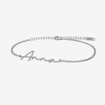 Silver name bracelet with 'Anna' engraving on a white background