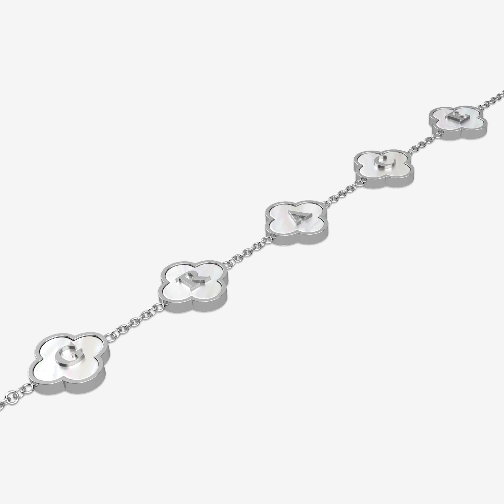 Silver bracelet with clover-shaped pendants showing initials on a white background