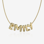 Gold necklace with 'EMILY' bubble letters on a white background