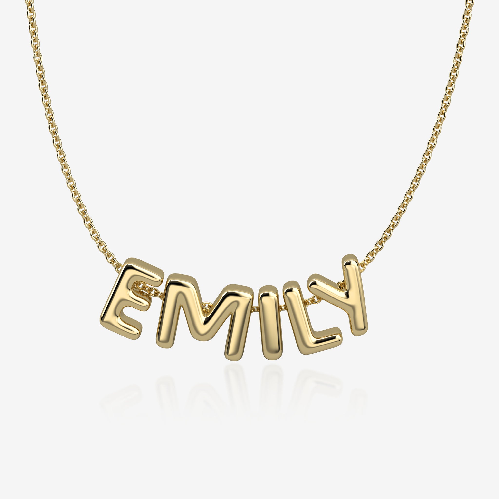 Gold necklace with 'EMILY' bubble letters on a white background