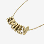 Gold necklace with 'EMILY' bubble letters on a white background