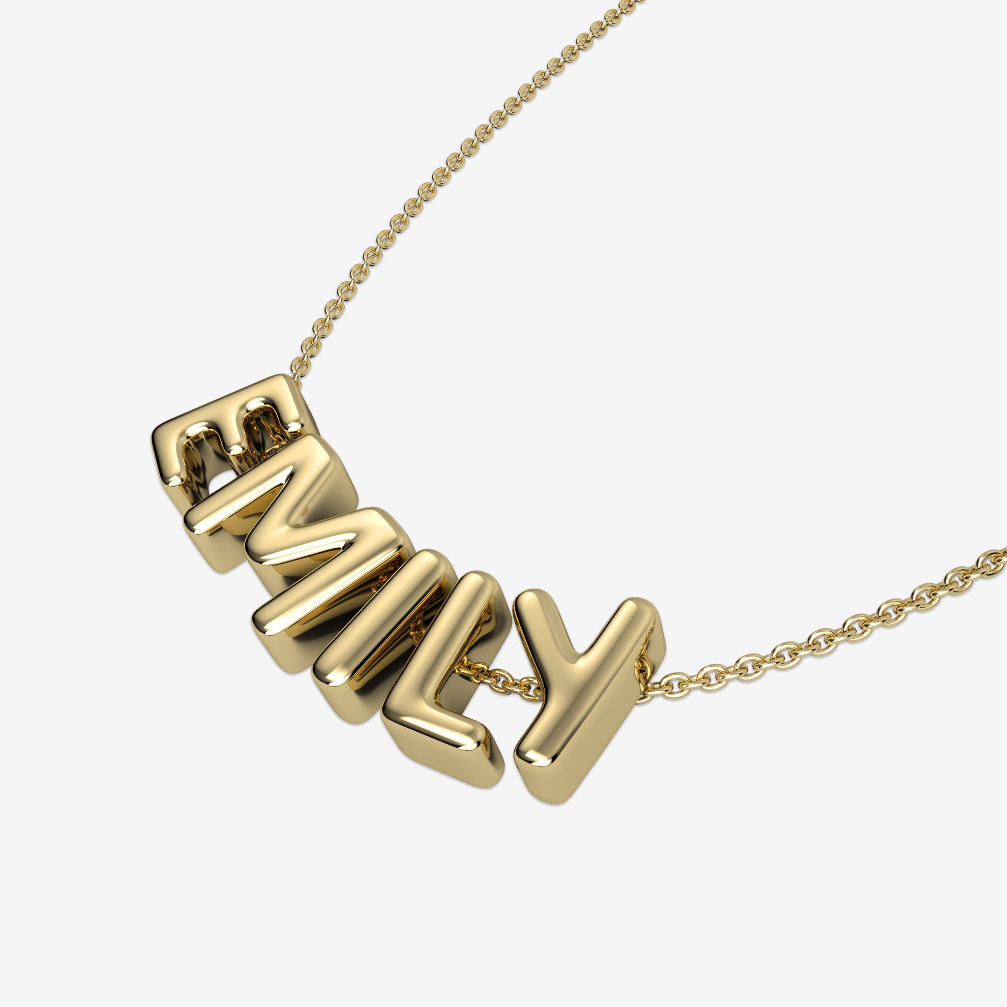 Gold necklace with 'EMILY' bubble letters on a white background