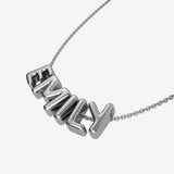 Silver necklace with 'EMILY' bubble letters on a white background