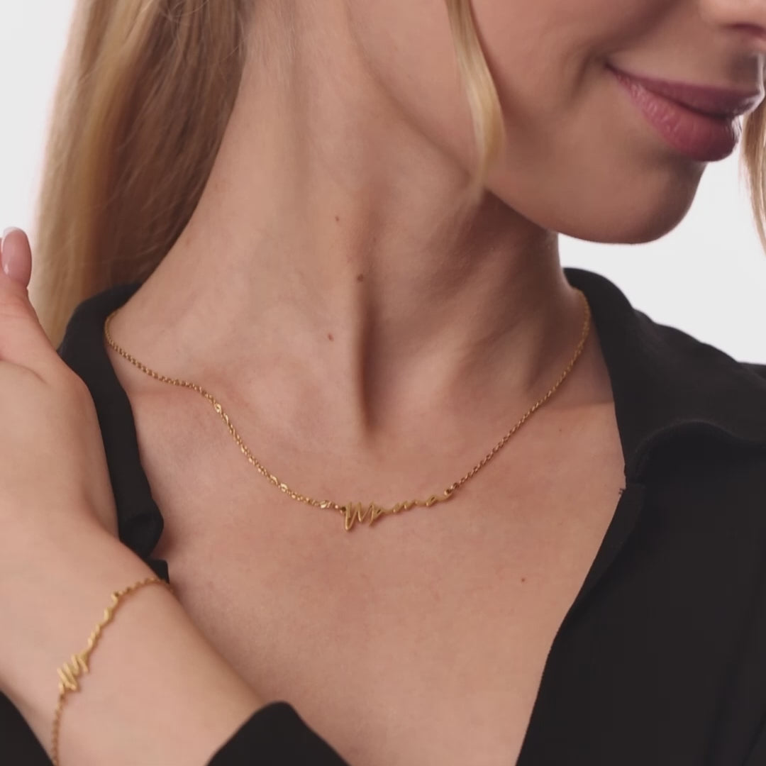 personalised womens jewellery in gold on model 