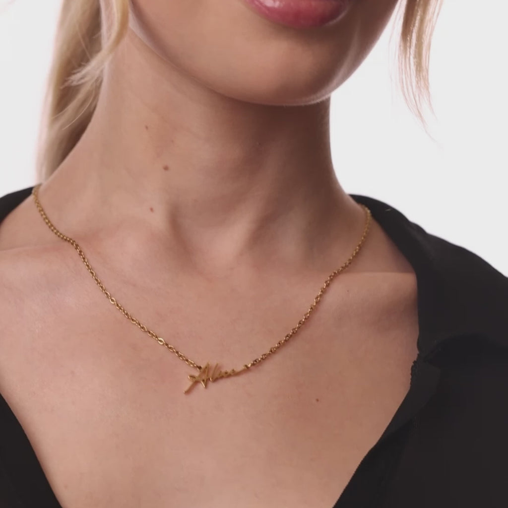 personalised womens jewellery in gold on model 